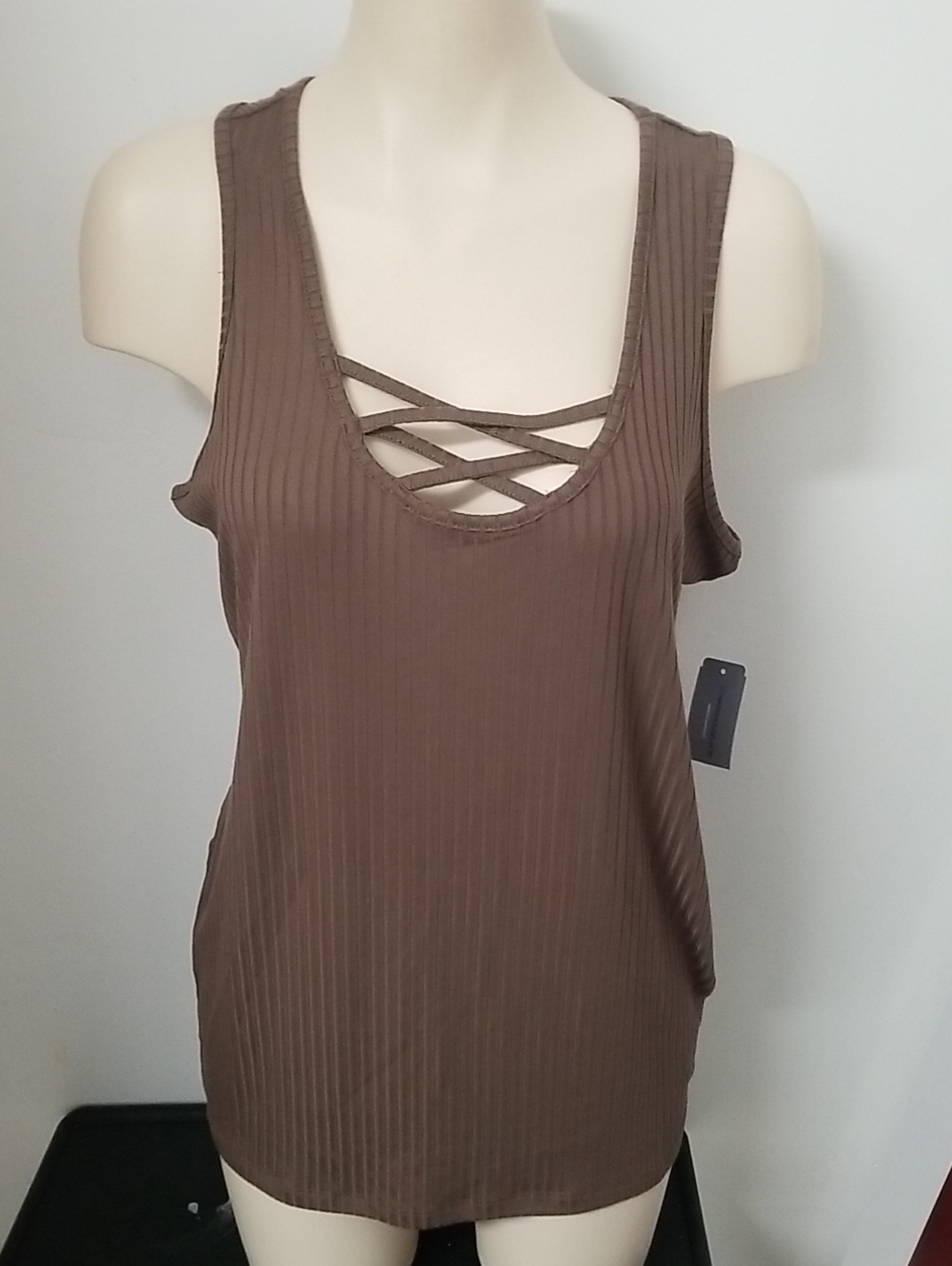 Crisscross Ribbed Tank Top in Brown - Women